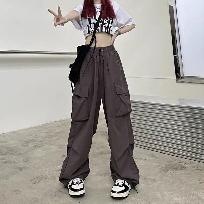 Women Casual Joggers Tech Pants Solid Low Waist Pants Drawstring Wide Leg Baggy Trousers Y2k Streetwear Oversize Sweatpants - 3KDyn